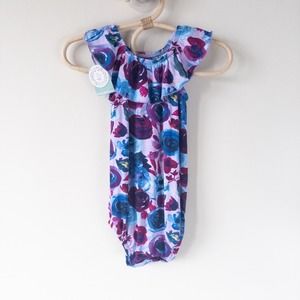 NEW Gigi and Max Bamboo Floral Print Ruffle Romper Purple Blue Baby Girl 12m